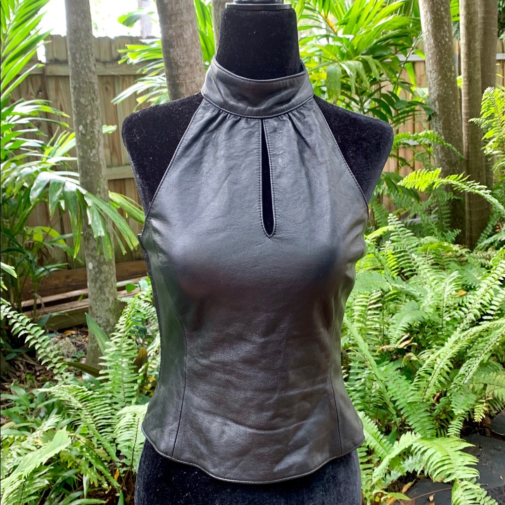Shanghai Tang Black Lambskin Halter Top Mock Neck Keyhole US 4 Rare